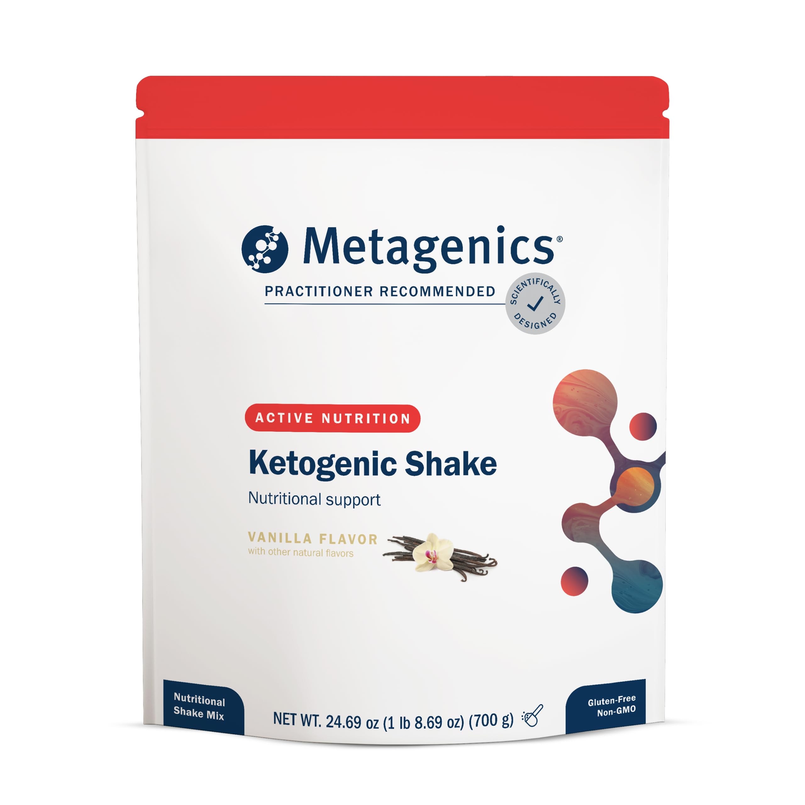 Metagenics Ketogenic Shake vanilla tub showing nutrition label and nutrient support