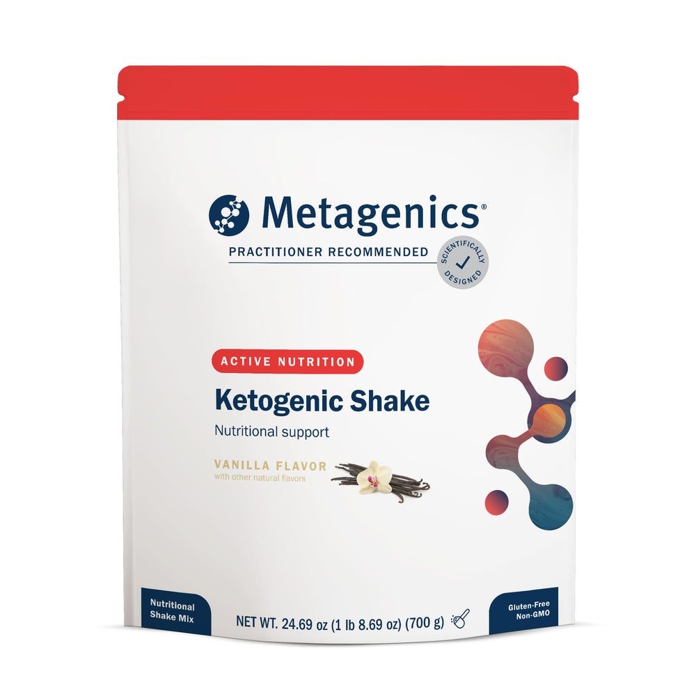 Metagenics Ketogenic Shake vanilla tub showing nutrition label and nutrient support