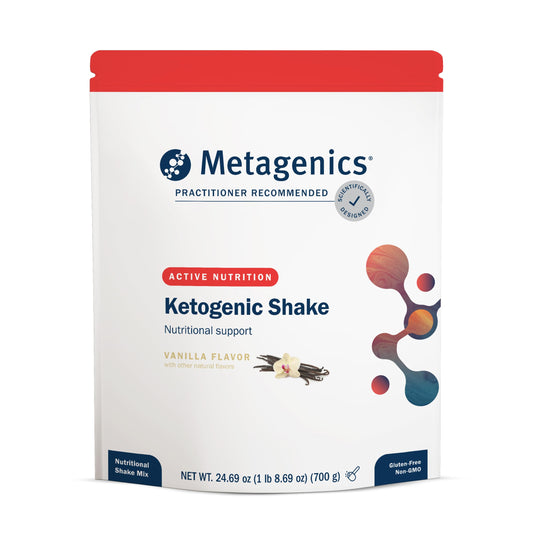 Metagenics Ketogenic Shake vanilla tub showing nutrition label and nutrient support