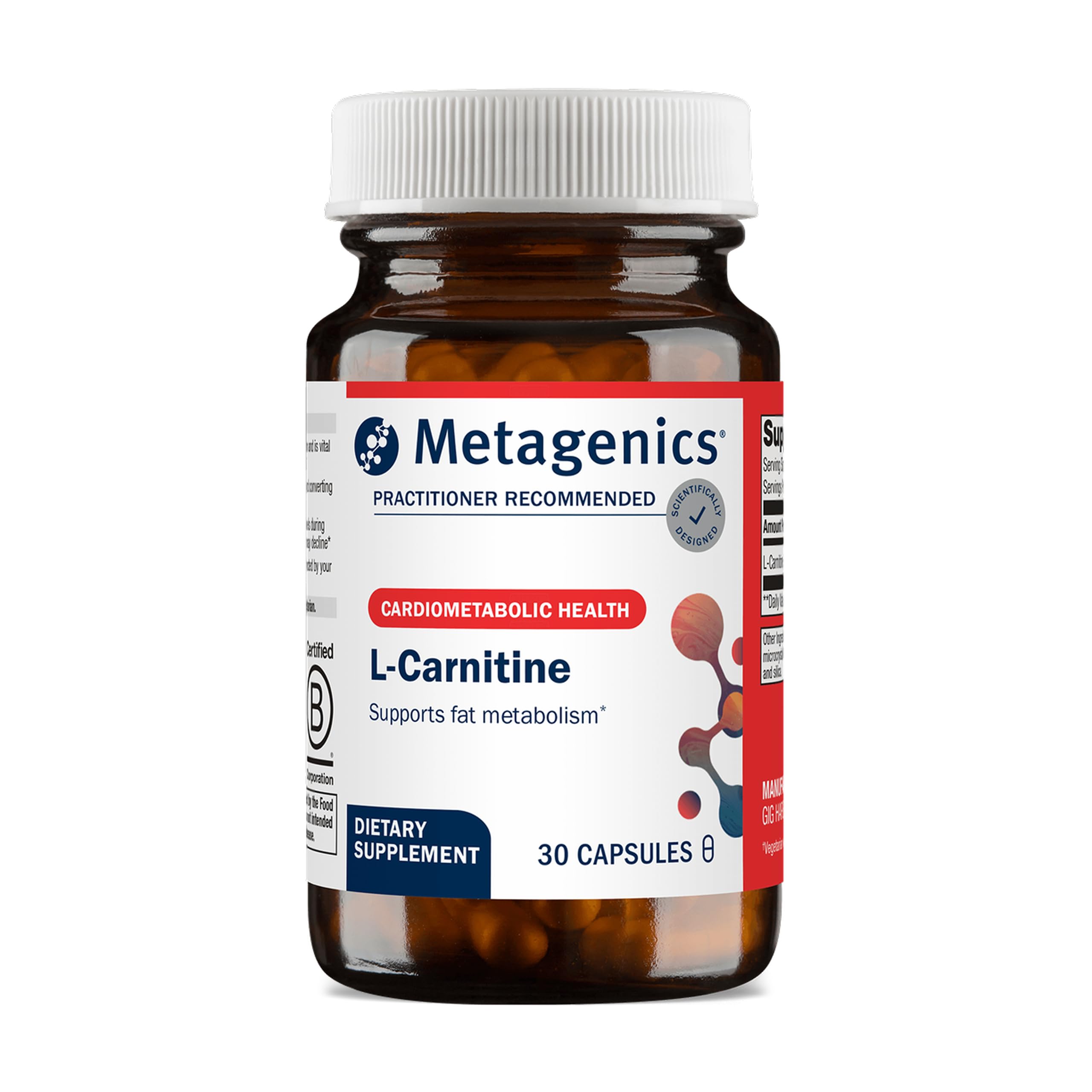 Metagenics L-Carnitine 500 mg bottle for daily energy support.