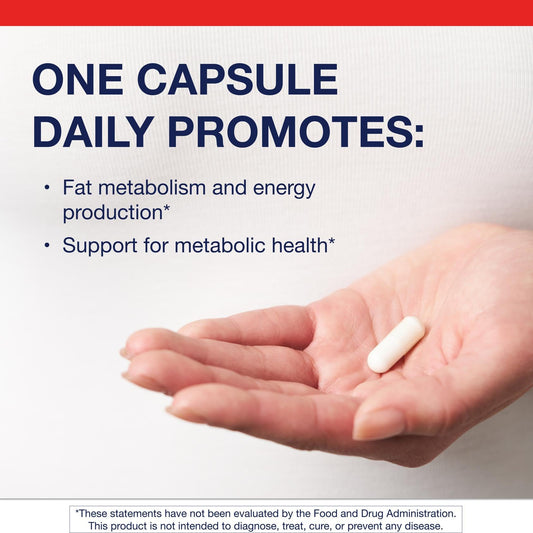 Metagenics L-Carnitine capsules close-up highlighting endurance support.