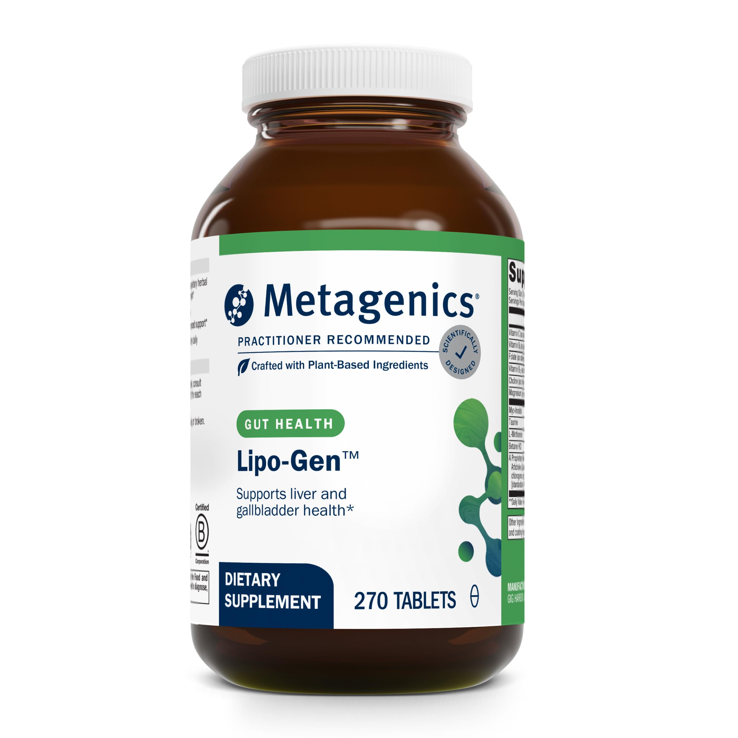 Metagenics Lipo-Gen bottle with label showing liver-support formula for fat metabolism