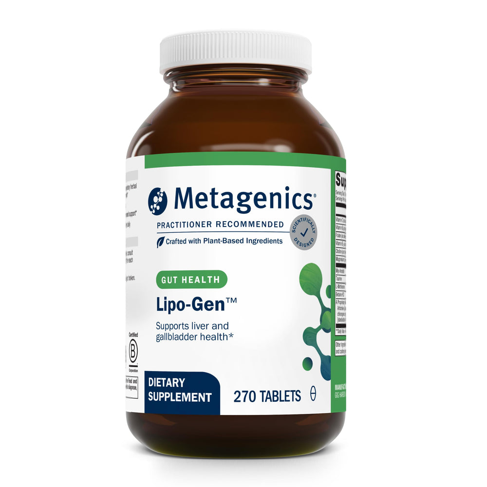 Metagenics Lipo-Gen bottle with label showing liver-support formula for fat metabolism