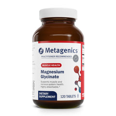 Metagenics Magnesium Glycinate bottle showing easy relaxation support.