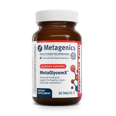 Metagenics MetaGlycemX bottle label highlights alpha-lipoic acid and green tea extract for metabolism support