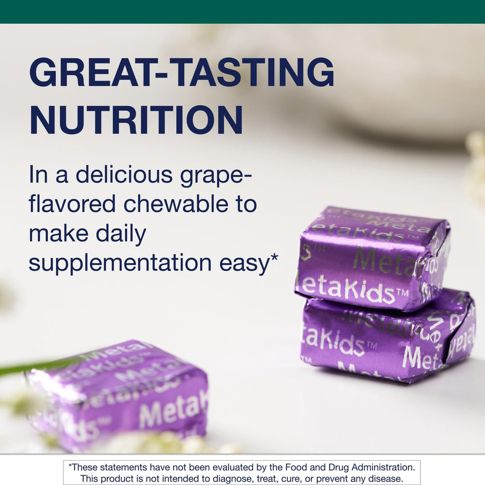 Metagenics MetaKids label detailing key vitamins and minerals