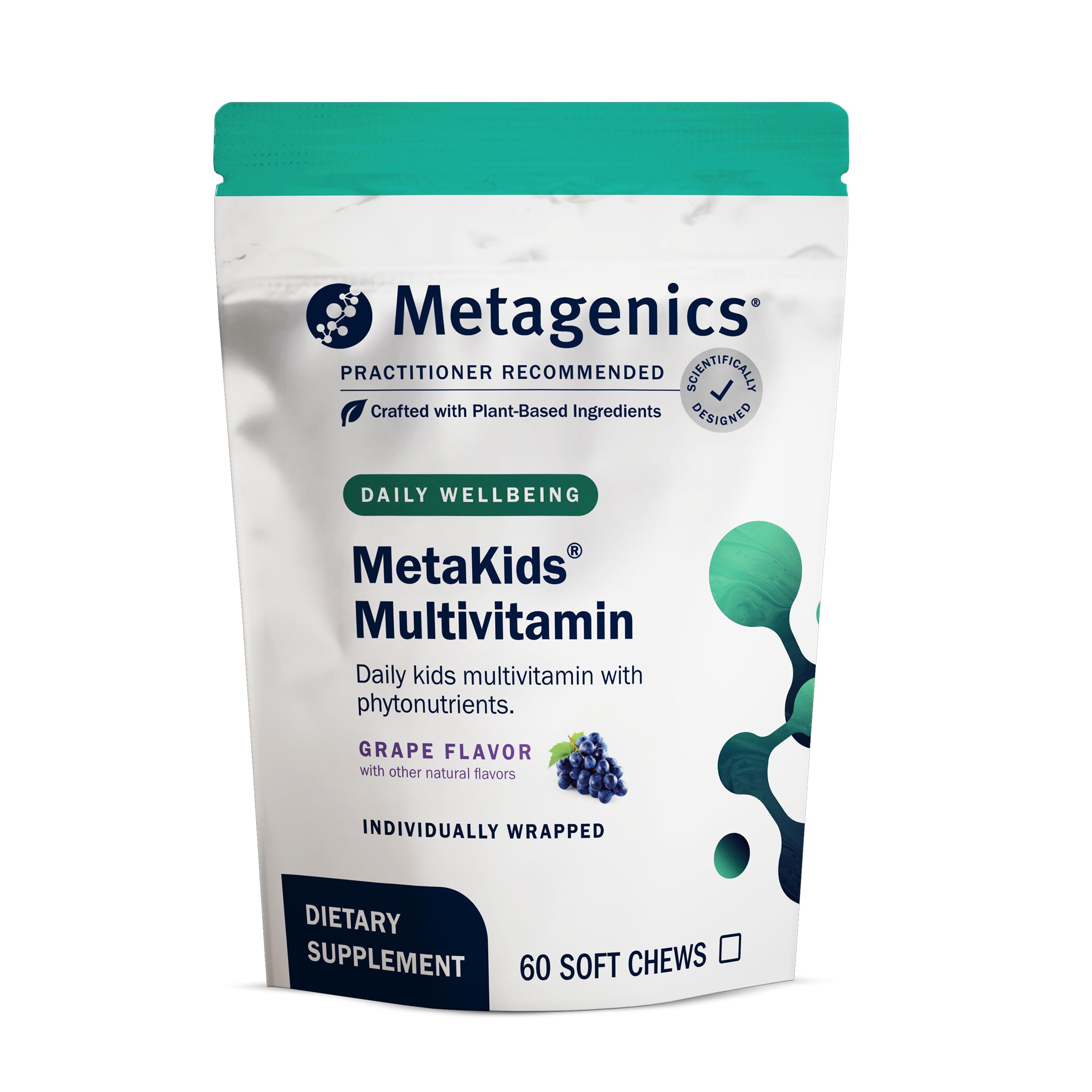 Metagenics MetaKids multivitamin soft chews bottle showing grape flavor for daily kids nutrition