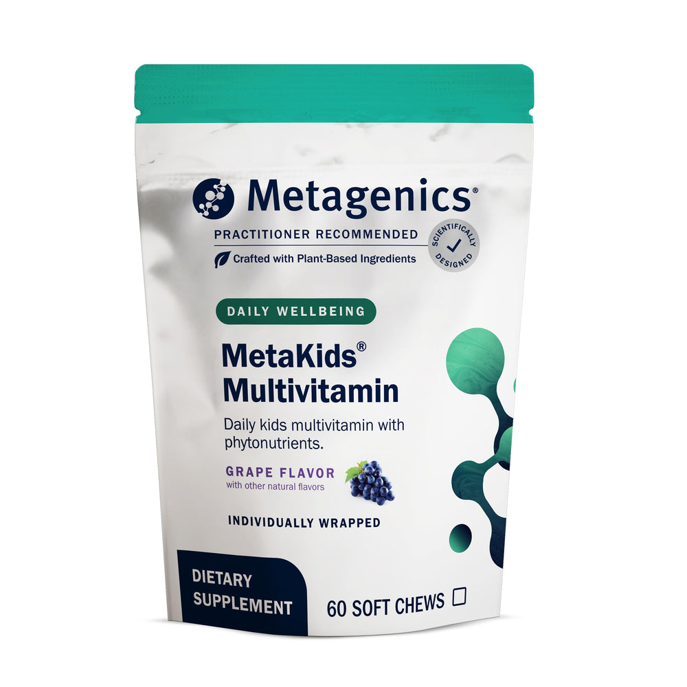 Metagenics MetaKids multivitamin soft chews bottle showing grape flavor for daily kids nutrition