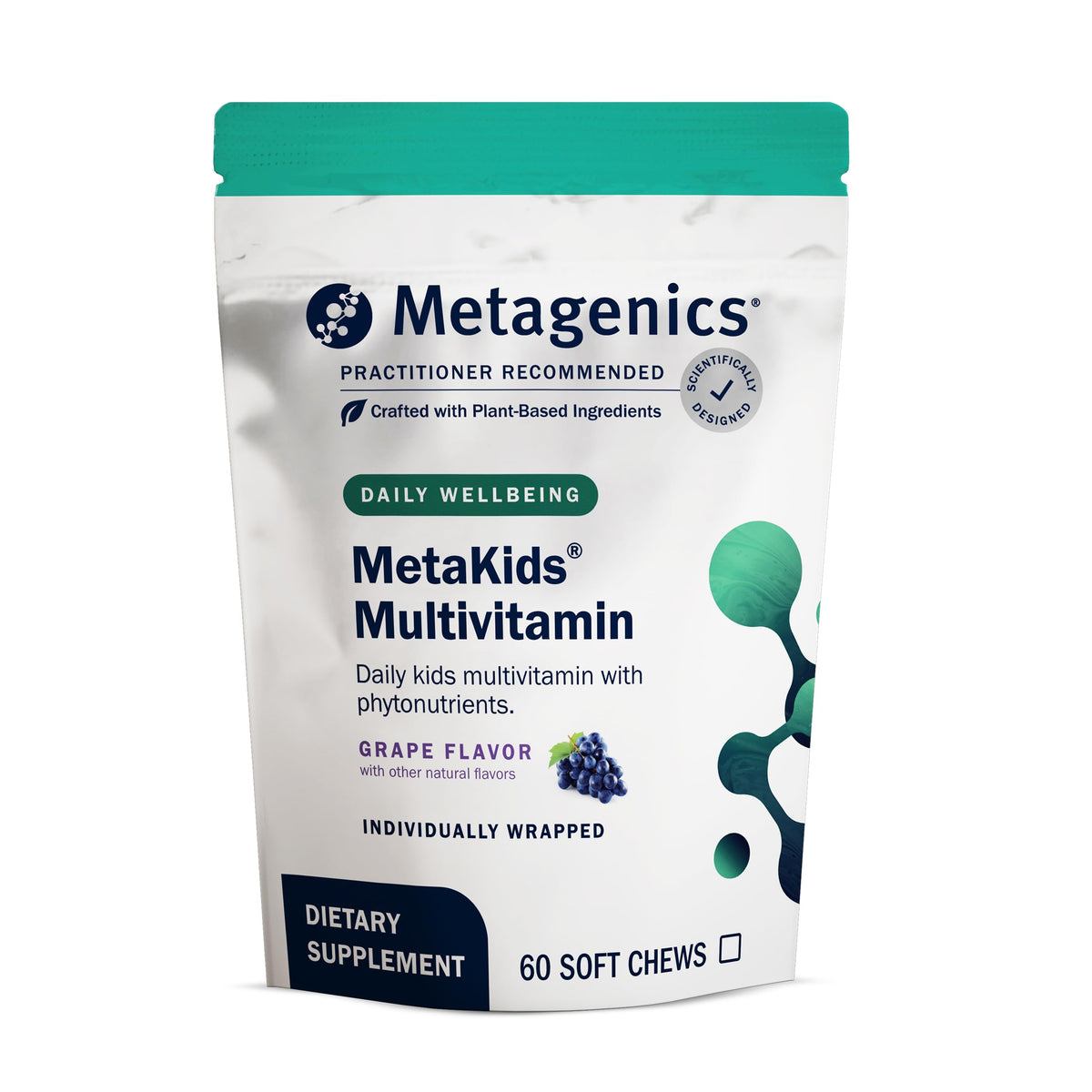 Metagenics MetaKids multivitamin soft chews bottle showing grape flavor for daily kids nutrition