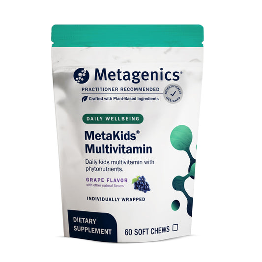 Metagenics MetaKids multivitamin soft chews bottle showing grape flavor for daily kids nutrition