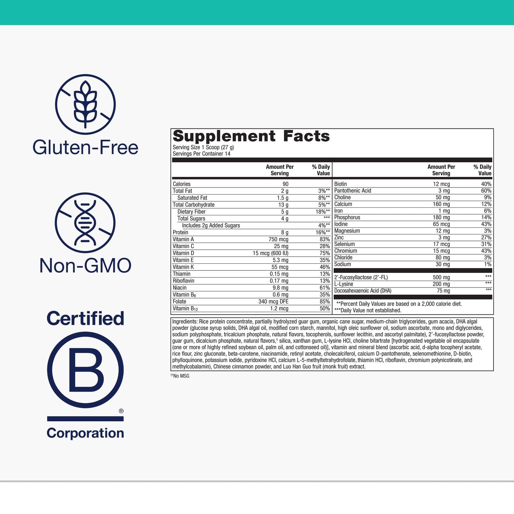 MetaKids non-GMO and gluten-free formula banner, reassuring dietary choices.