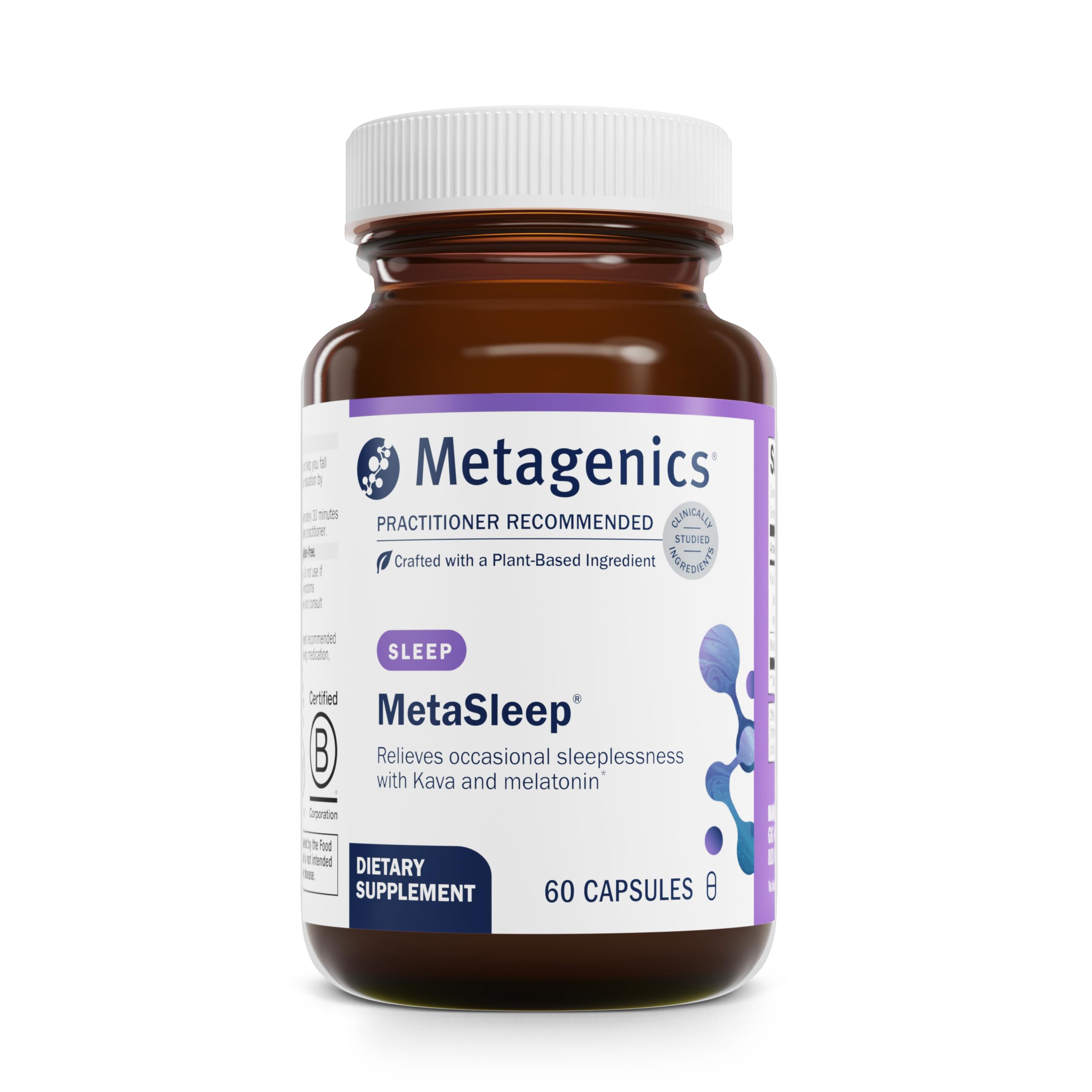 Metagenics MetaSleep bottle and capsules ready for night use.