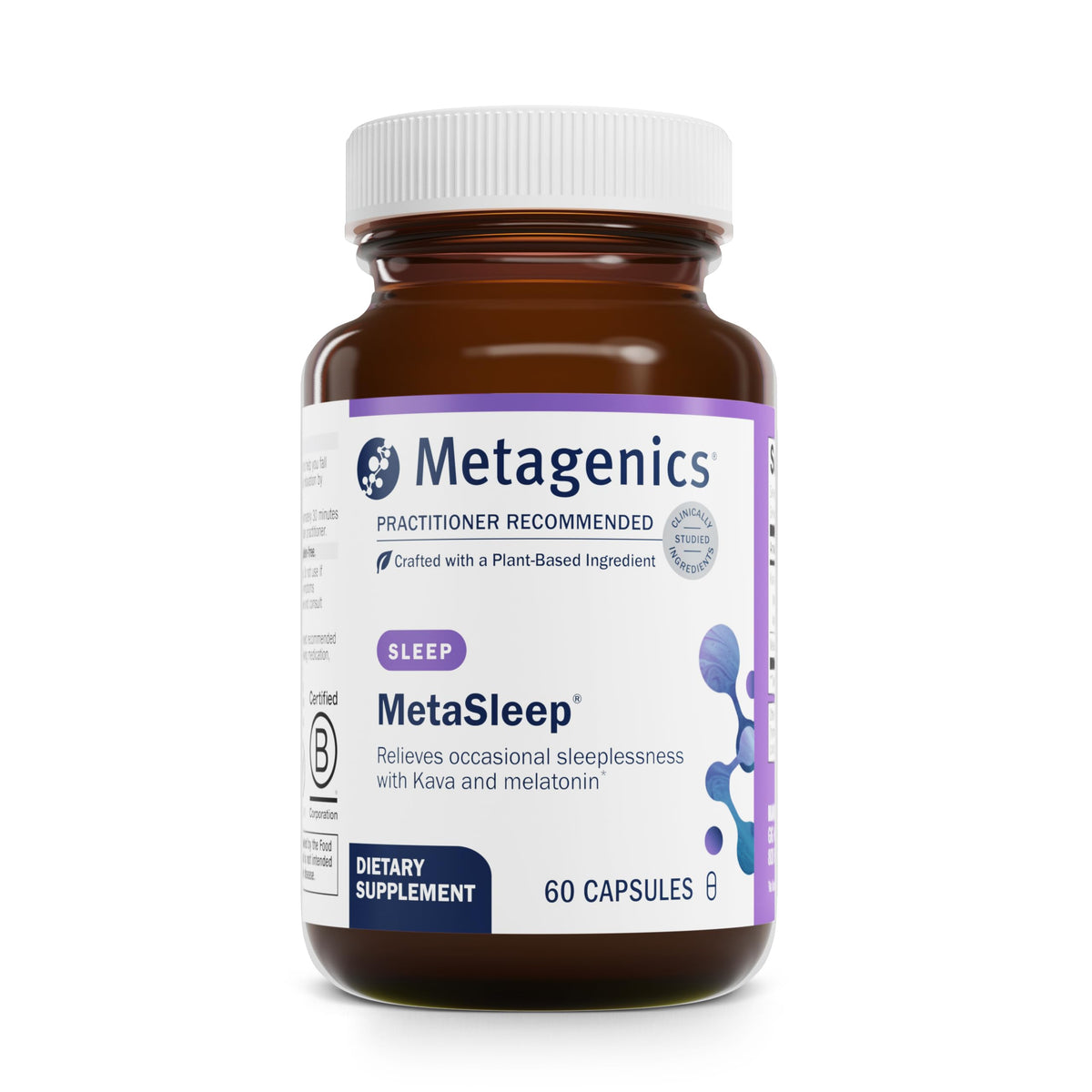 Metagenics MetaSleep bottle and capsules ready for night use.