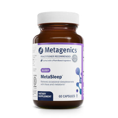 Metagenics MetaSleep bottle and capsules ready for night use.