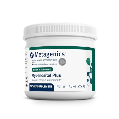 Metagenics Myo-Inositol Plus bottle pour illustrating daily dosing for sleep support.