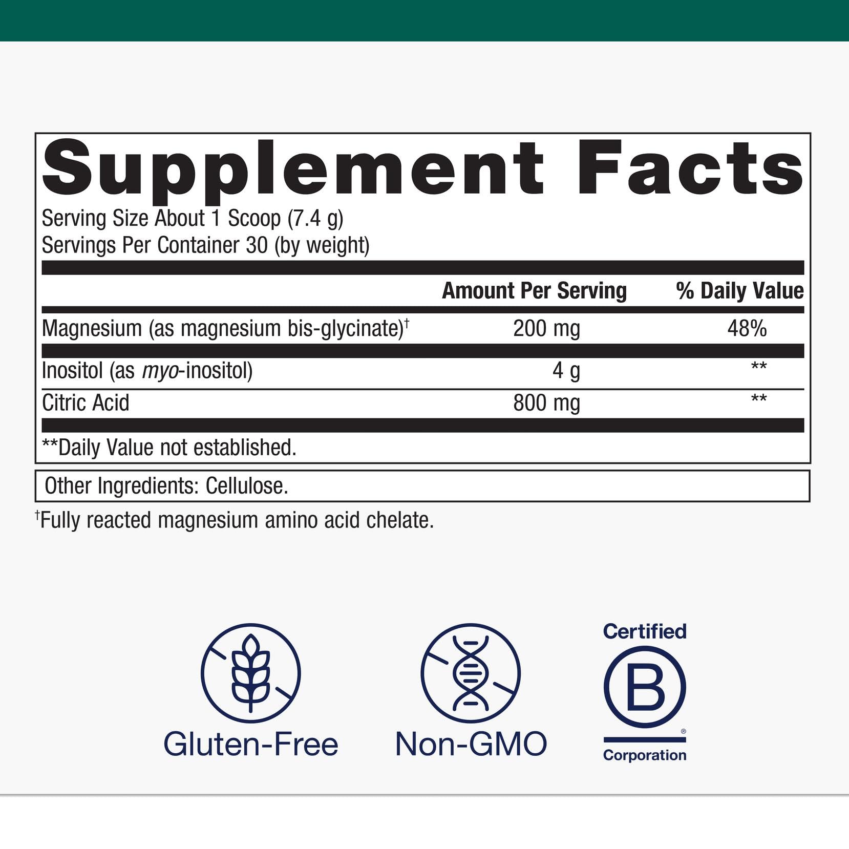 Metagenics Myo-Inositol Plus packaging side showing non-GMO and gluten-free claim.