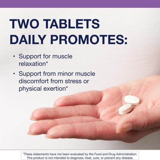 Metagenics MyoCalm tablets close-up showing calcium and magnesium for daily use