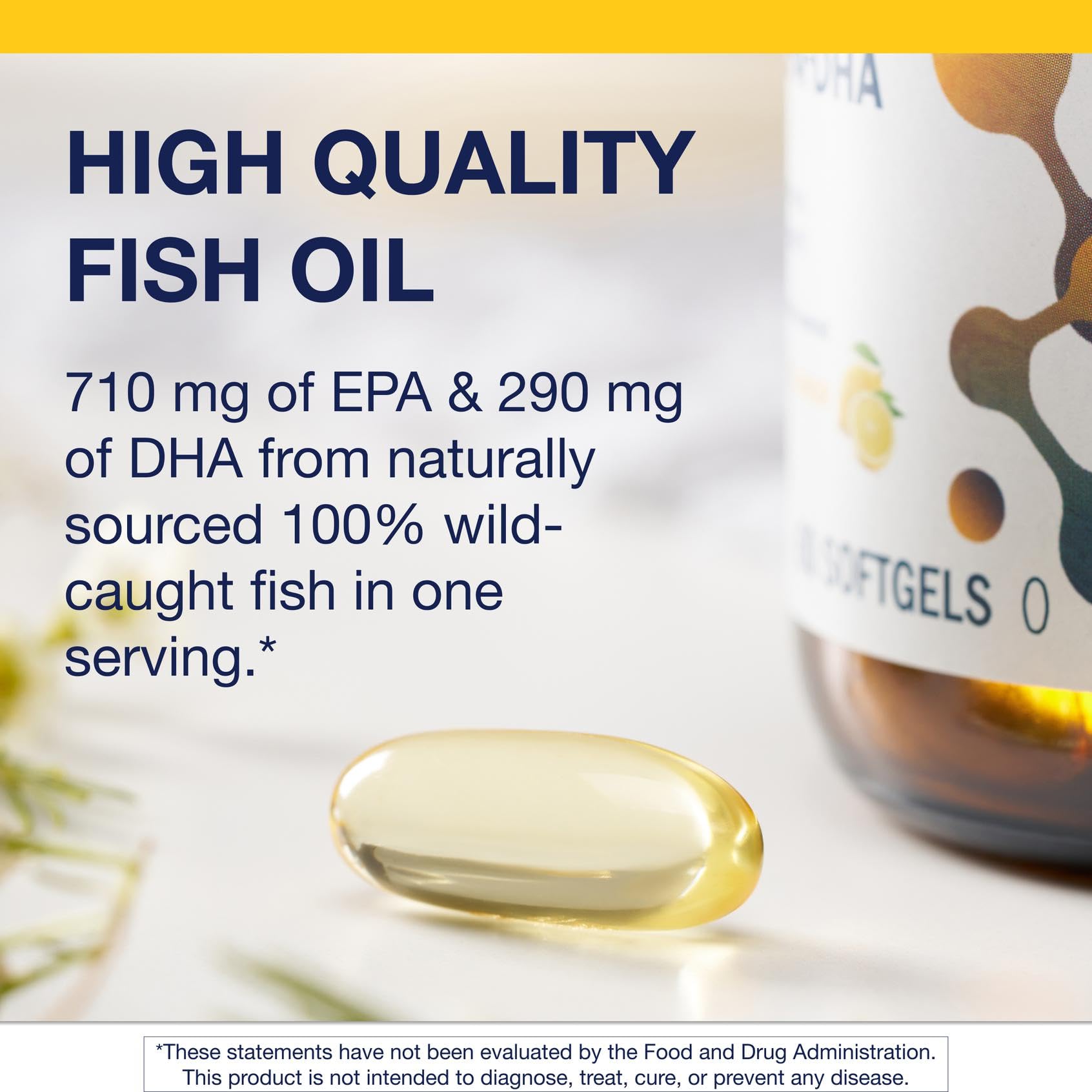 Label detail on Metagenics OmegaGenics EPA-DHA 1000mg bottle showing purity and third-party testing.