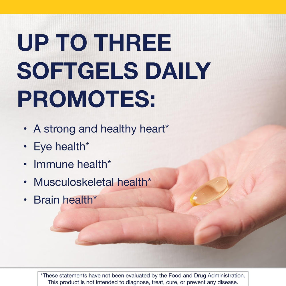 Closeup of Metagenics OmegaGenics EPA-DHA softgels emphasizing purity and easy-to-swallow form.
