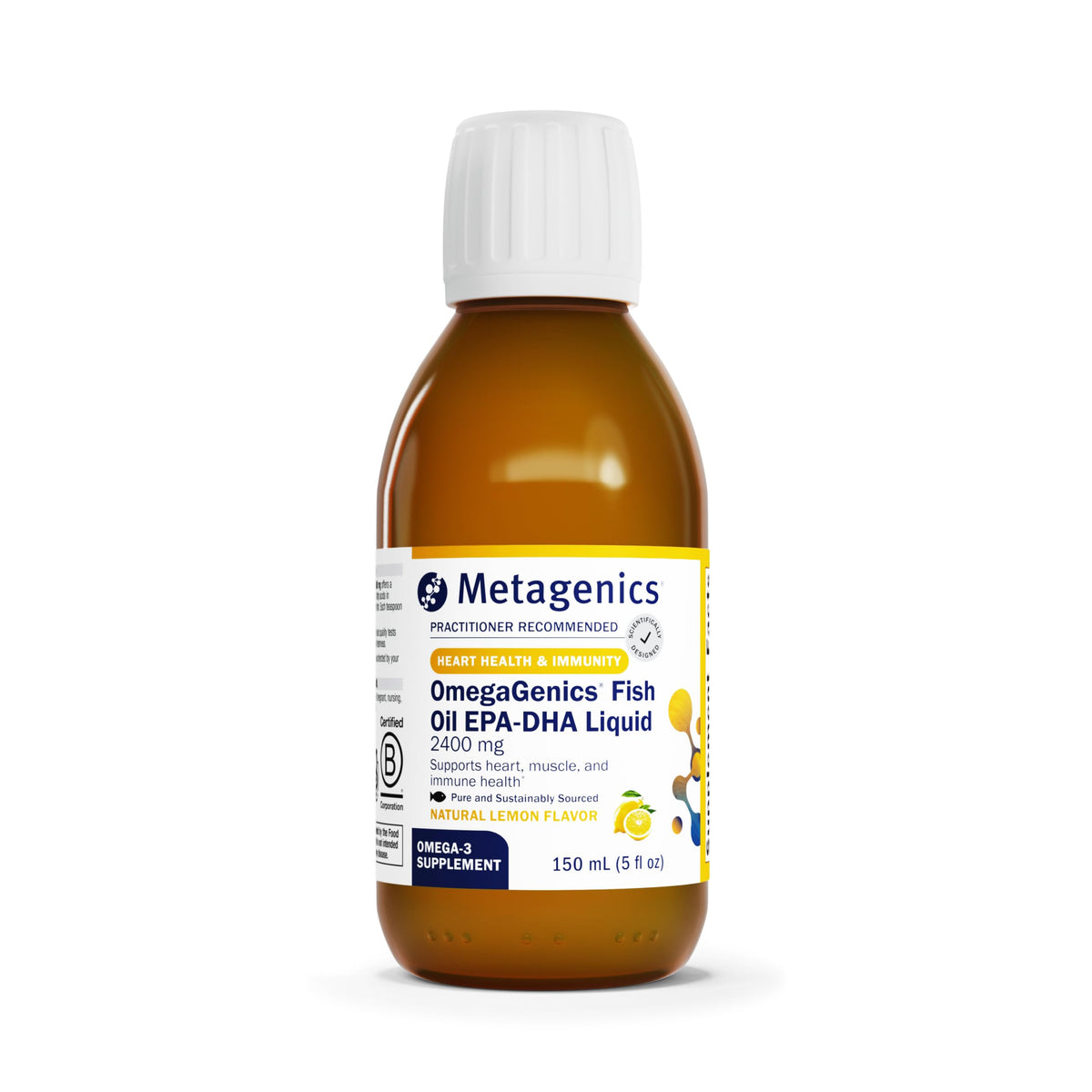 Metagenics OmegaGenics EPA-DHA 2400 mg bottle front showing heart health support potential.