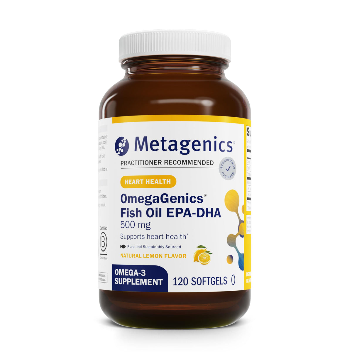 Metagenics OmegaGenics EPA-DHA 500 bottle on shelf with clean, sustainability-focused design.