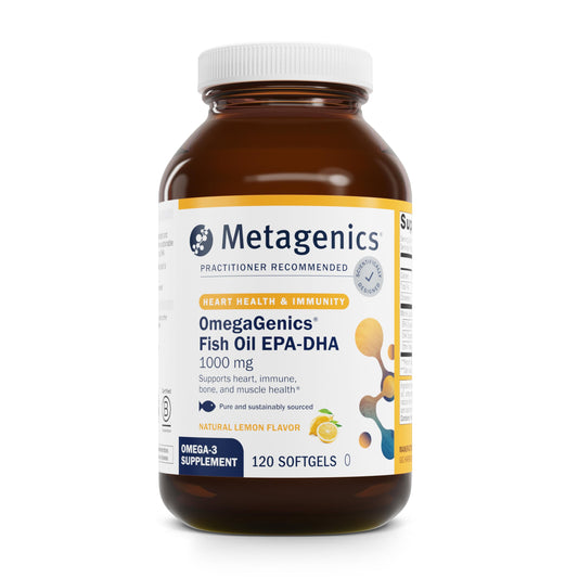 Metagenics OmegaGenics EPA-DHA bottle front for heart and brain support.