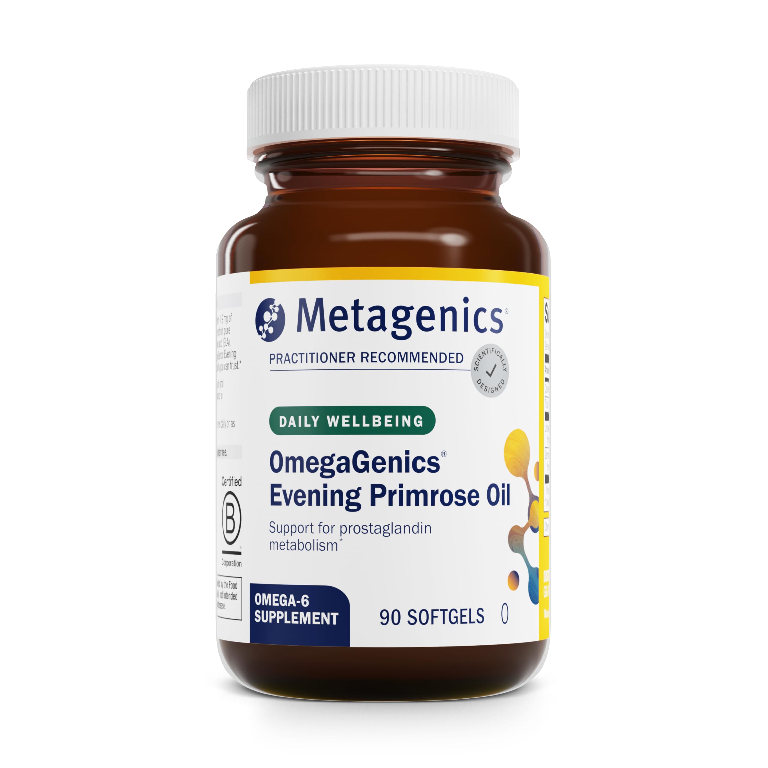 Metagenics OmegaGenics Evening Primrose Oil bottle highlights GLA-rich formulation for skin support.
