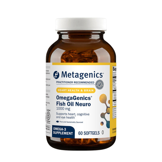 Metagenics OmegaGenics fish oil softgels bottle supports brain health