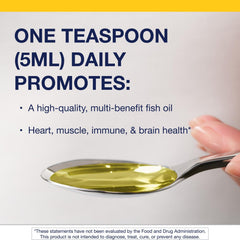 Metagenics OmegaGenics lemon flavor bottle closeup highlighting easy daily intake.