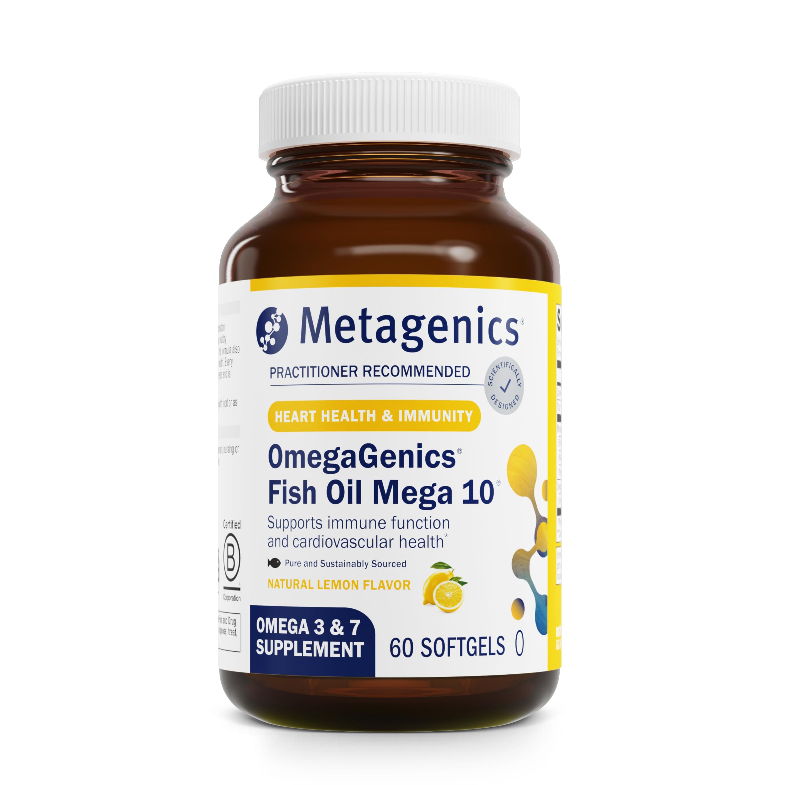 Metagenics OmegaGenics Mega 10 bottle front view for daily omega intake and potential heart support