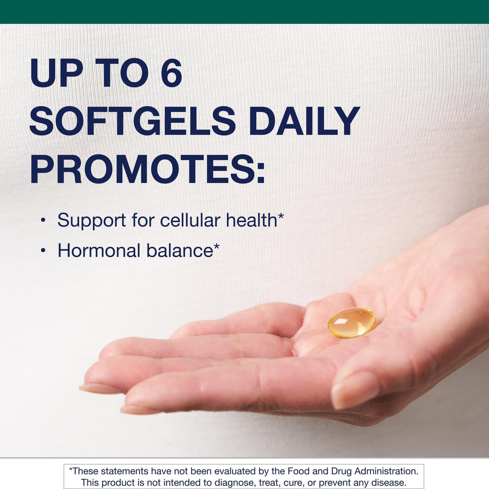 Metagenics OmegaGenics softgels close-up for easy daily use promoting hormonal balance.