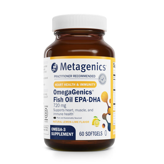 Metagenics OmegaGenics bottle label image may reflect high EPA-DHA potency supporting heart and brain health