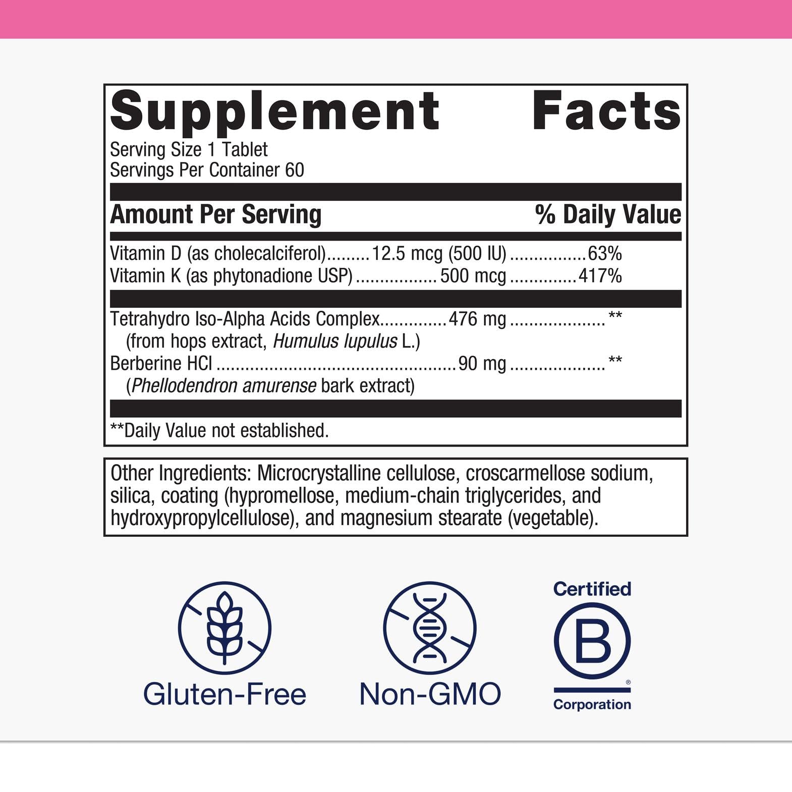 Metagenics Ostera-label-nutrition-facts confirms gluten-free, non-GMO formulation