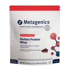Metagenics Perfect Protein bottle on counter, ideal for post-workout recovery.