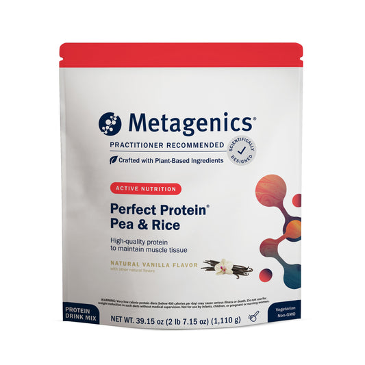 Metagenics Perfect Protein Pea & Rice bottle presents a clean, plant-based option for daily muscle support.