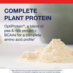 Metagenics Perfect Protein Pea & Rice nutrition panel highlights 20 g protein and 3.5 g BCAAs.