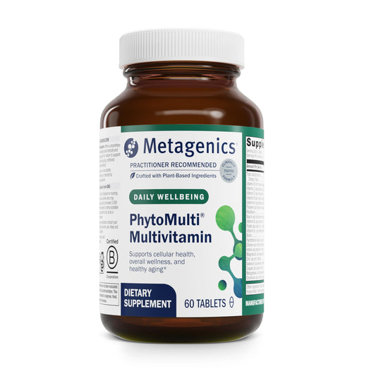 Metagenics PhytoMulti Without Iron bottle highlighting a broad daily vitamin blend for overall wellness.