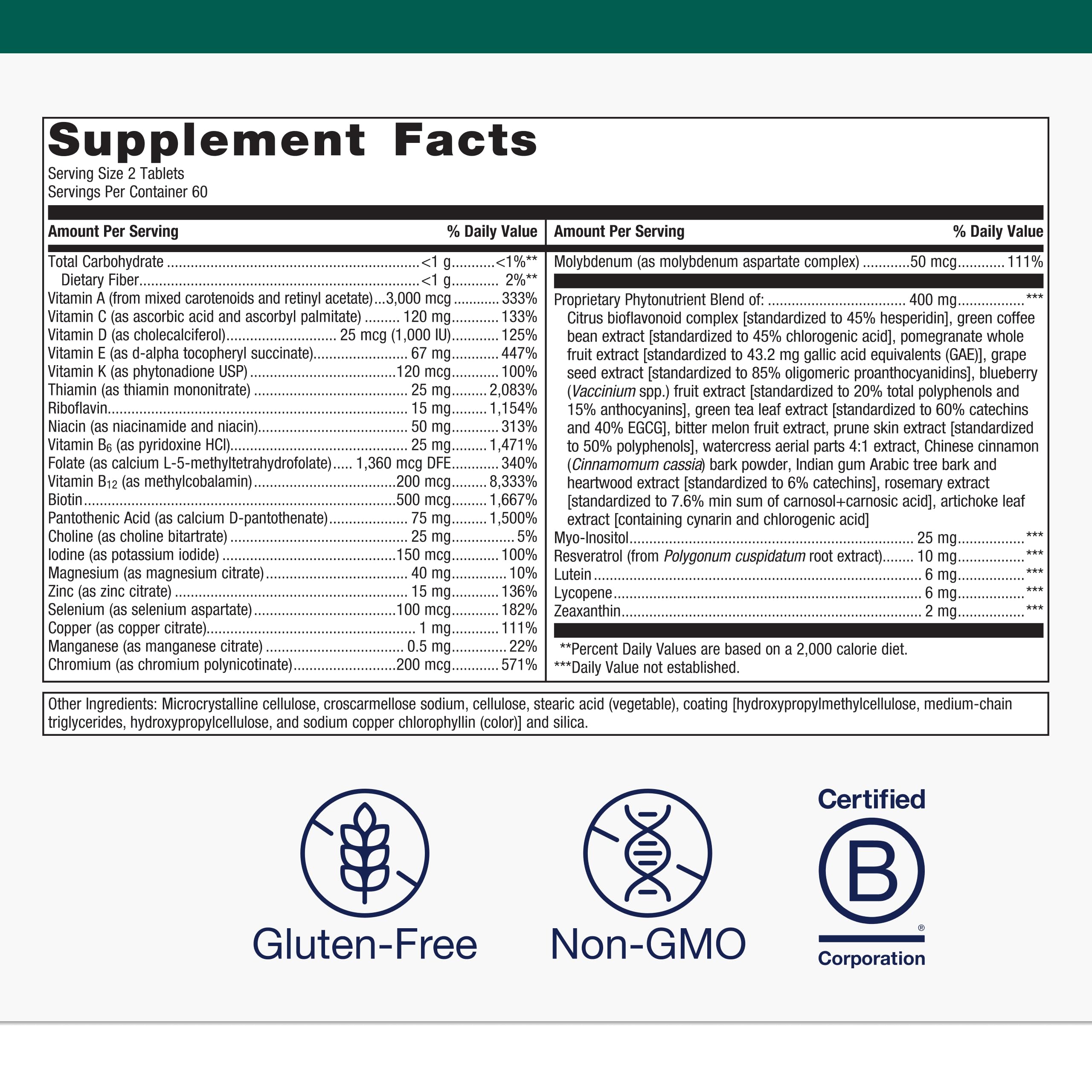 Metagenics PhytoMulti Without Iron tablets with nutrition facts