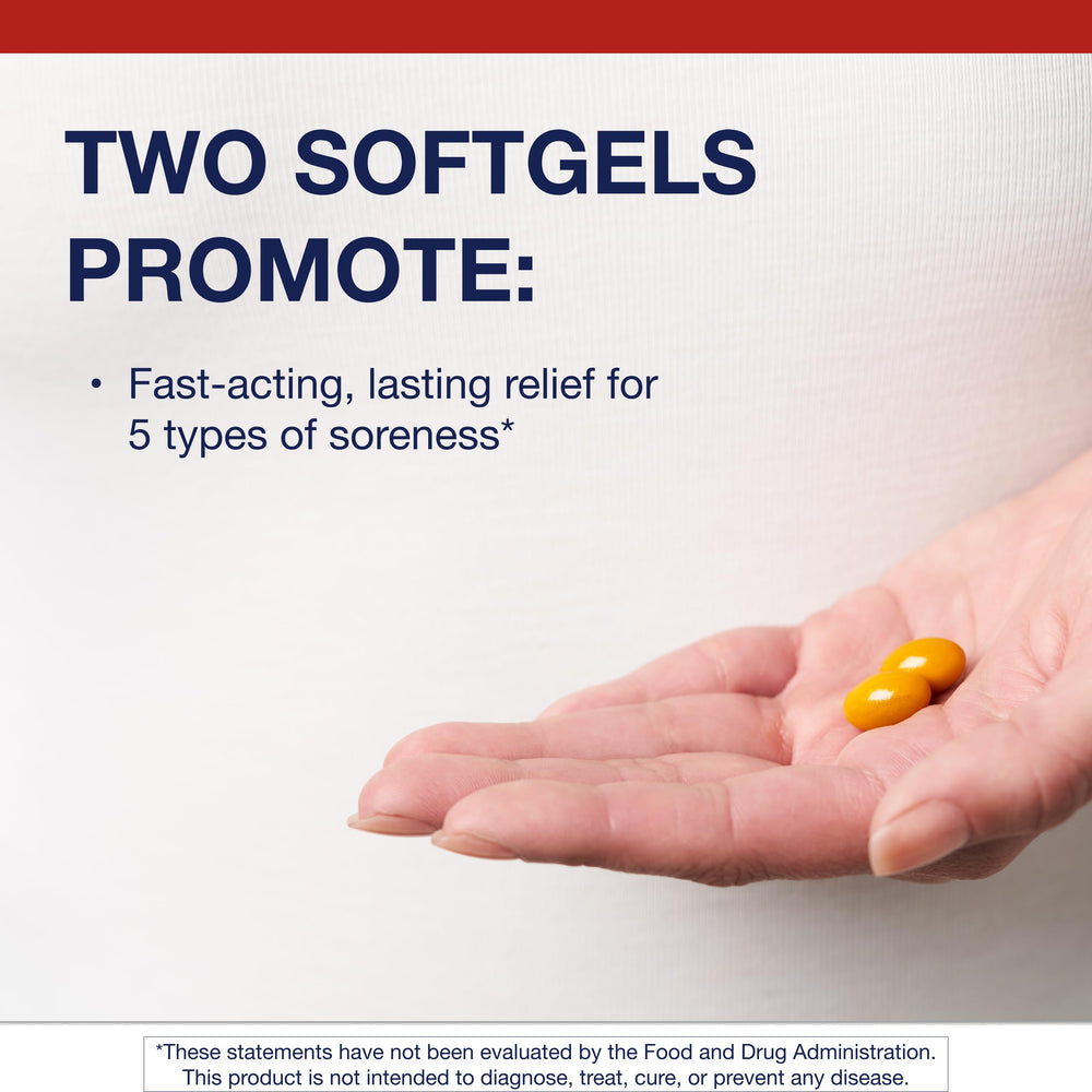 Close-up of the bottle pour shows easy, fast-acting softgels for daily comfort