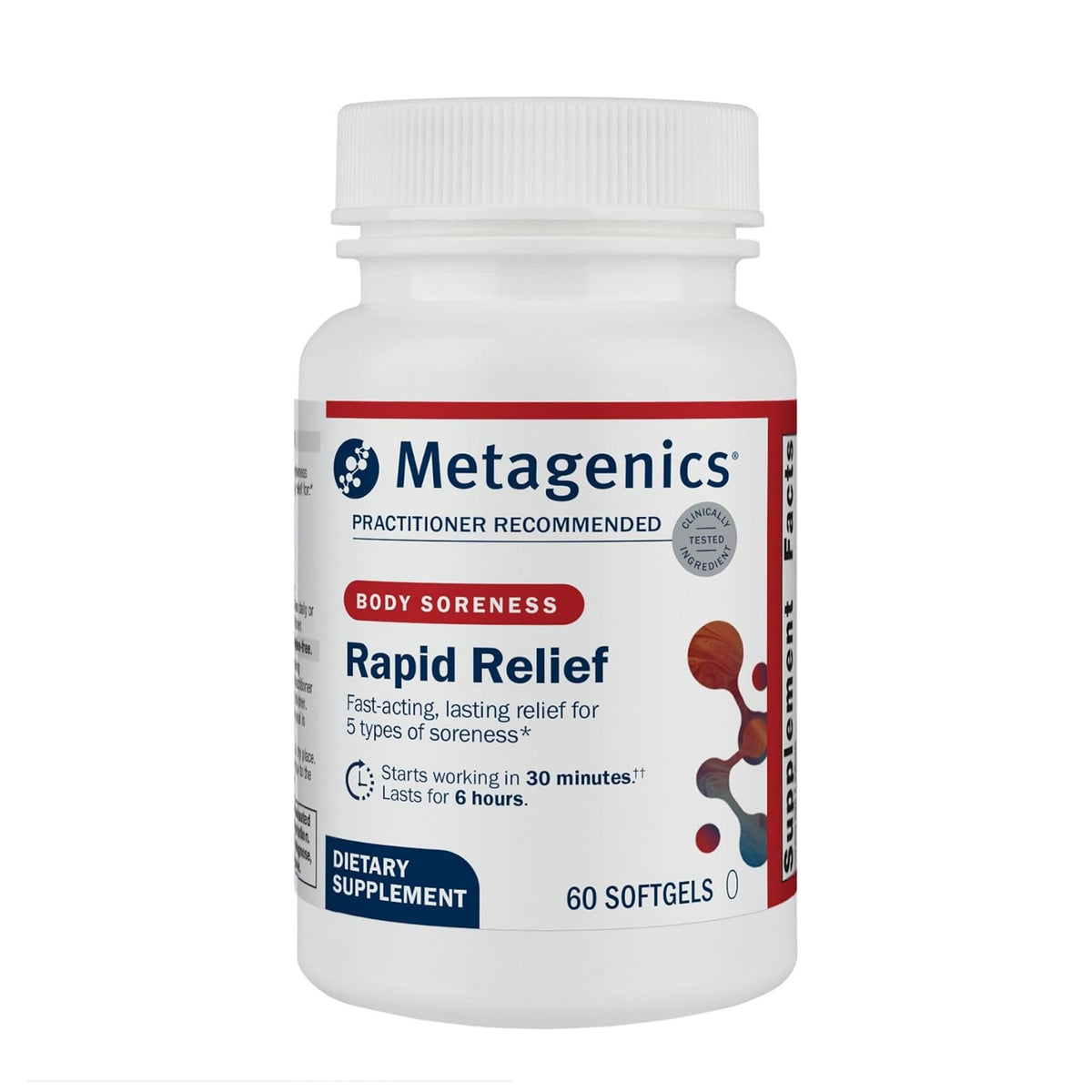 Metagenics Rapid Relief packaging highlights turmeric-boswellia softgels for fast occasional discomfort support