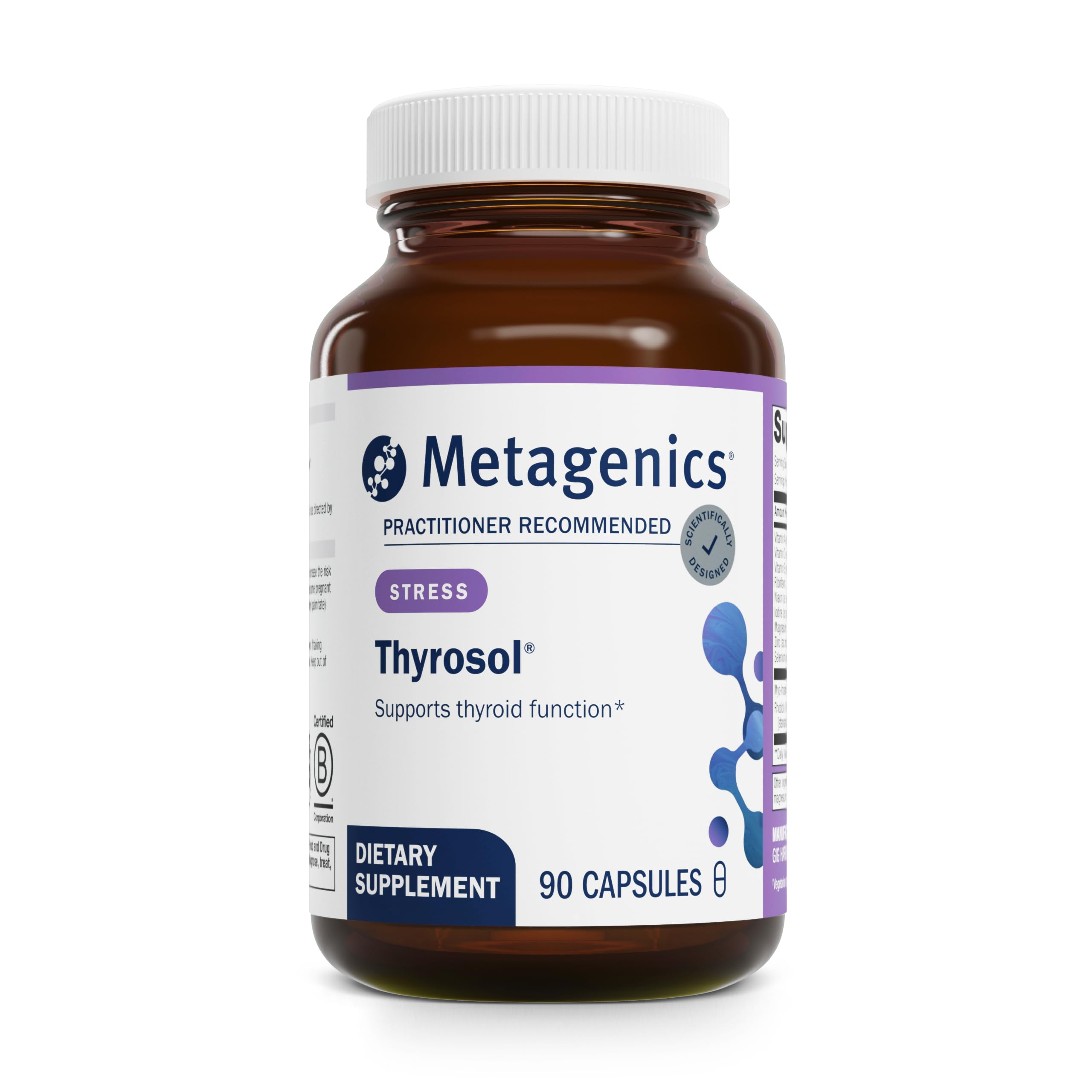 Metagenics Thyrosol bottle front with capsules for thyroid support and energy balance.