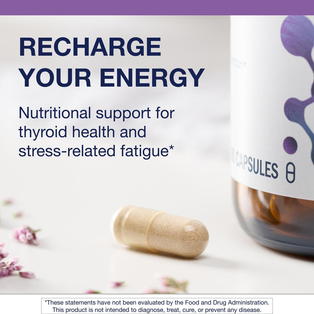 Metagenics Thyrosol box and bottle on kitchen counter for easy supplementation.