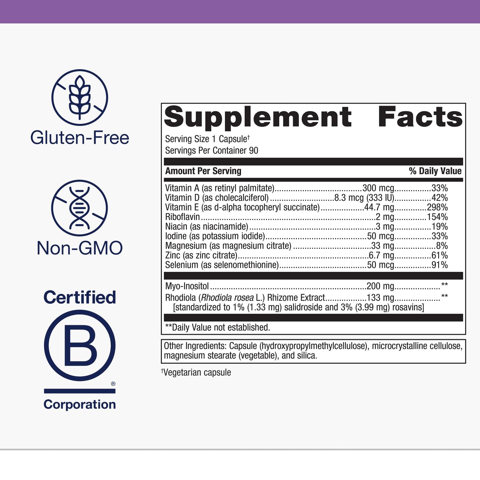Metagenics Thyrosol ingredient panel showing zinc, selenium, and iodine.
