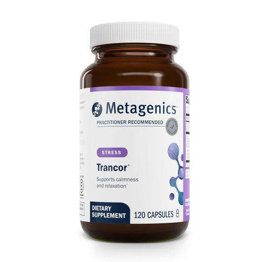 Metagenics Trancor bottle showing GABA and L-Theanine for calm focus.