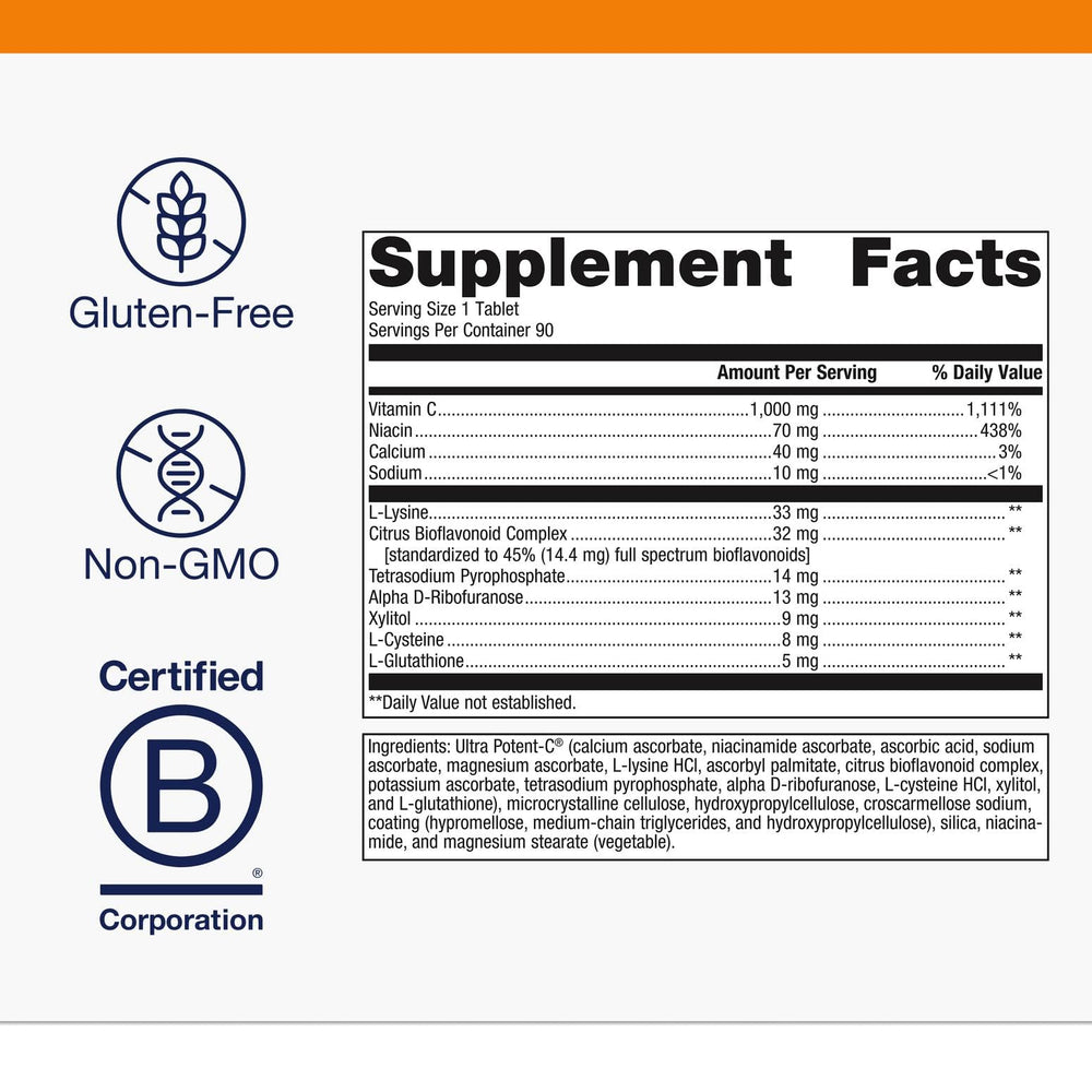 Front view of Metagenics Ultra Potent-C 1000 packaging showing non-GMO and gluten-free formula