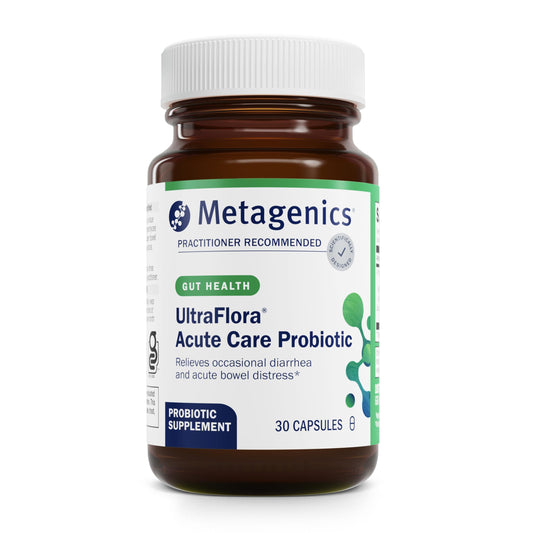 Metagenics UltraFlora Acute Care bottle for easy daily probiotic use.
