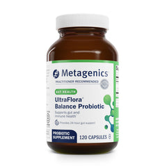 Metagenics UltraFlora Balance bottle shows shelf-stable daily gut support and convenience.