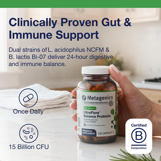 Metagenics UltraFlora Balance capsules close-up highlights 15B CFU for balanced gut flora.