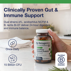 Metagenics UltraFlora Balance capsules close-up highlights 15B CFU for balanced gut flora.