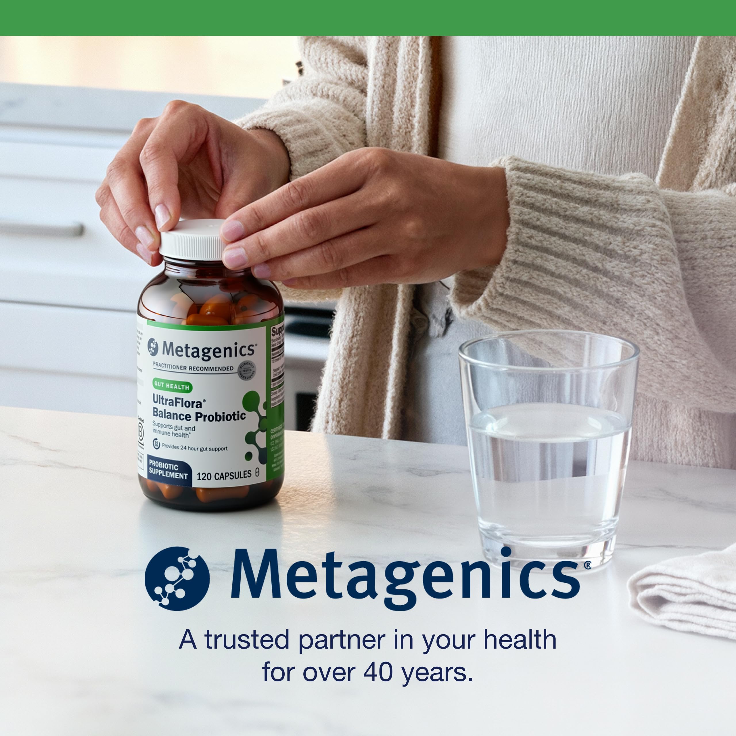 Metagenics UltraFlora Balance third-party testing seal conveys purity and potency.
